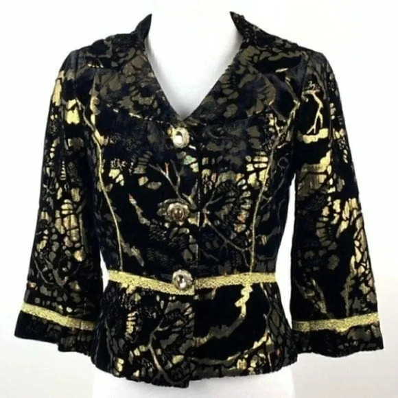 Cynthia Cynthia Steffe blazer size 2 black gold silk blend floral crushed velvet - Picture 2 of 10